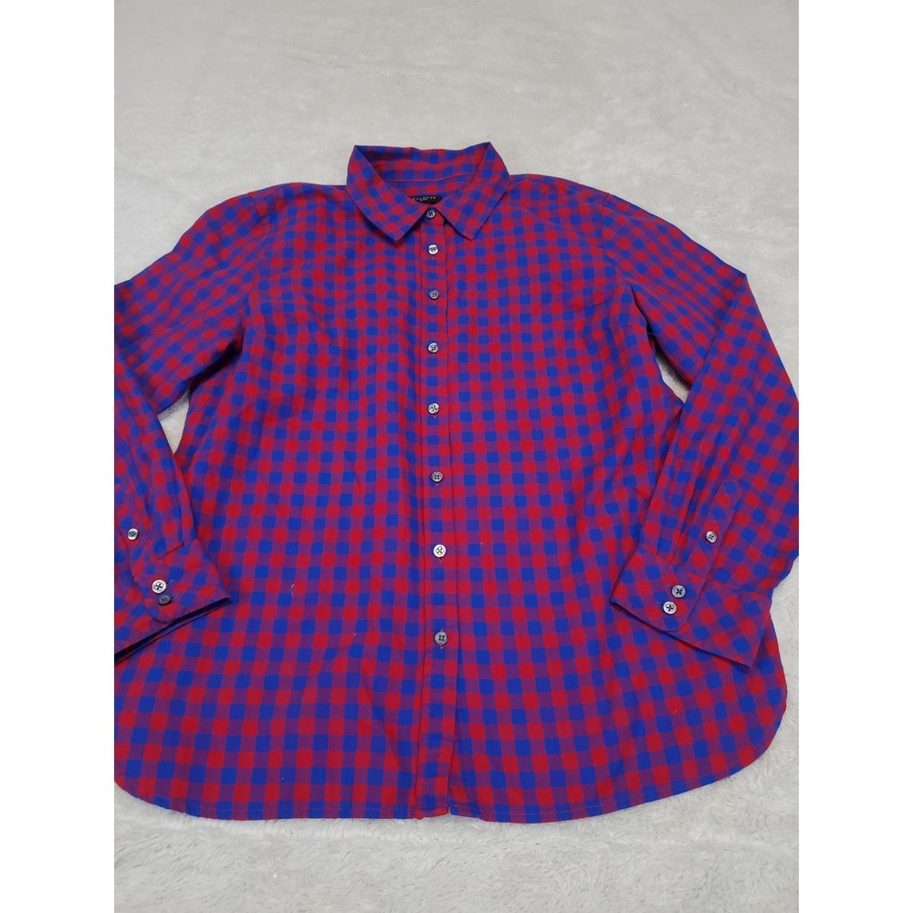 Talbots Petite Red Blue Plaid Button Up Casual Blouse Top Medium MP Classic Fall